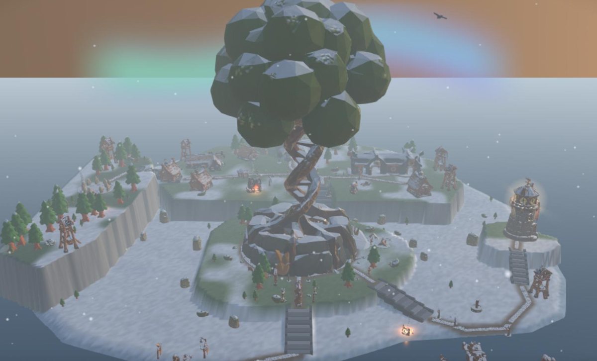 The PawPulse Viking Dog Park, a snowy island with the World Tree at its center